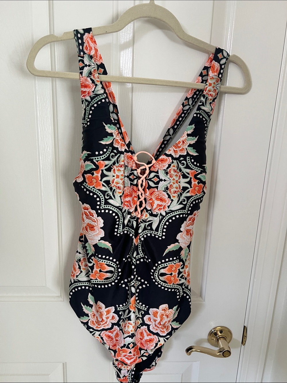BECCA Floral One-Piece Swimsuit - Black with Coral Flowers